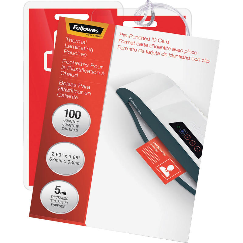 Fellowes Punched ID Card Glossy Thermal Laminating Pouches - Laminating Pouch/Sheet Size: 3.88in Width x 5 mil Thickness - Glossy - for Document, ID Badge, ID Card - Durable, Pre-punched - Clear - 100 / Pack (Min Order Qty 3) MPN:52016