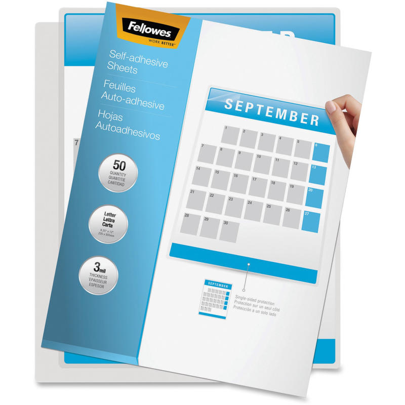 Fellowes Self-Adhesive Laminating Sheets, 9.25in x 12in, 3 mil, Clear, Pack Of 50 (Min Order Qty 2) MPN:5221502