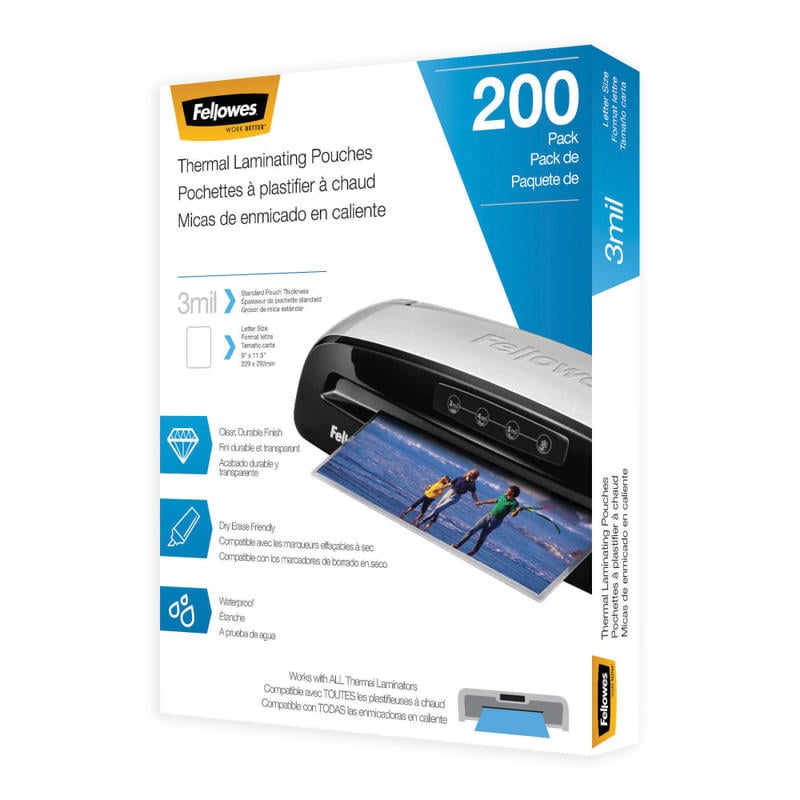 Fellowes Thermal Laminating Pouches, Letter, 3 mil, 11 1/2in x 9in, Clear, Pack Of 200 (Min Order Qty 3) MPN:5743401