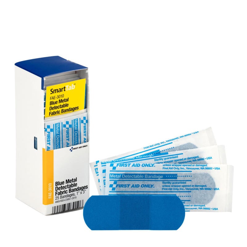 First Aid Only Metal-Detectable Bandages, 1in x 3in, Blue, Pack Of 25 (Min Order Qty 14) MPN:FAE3010
