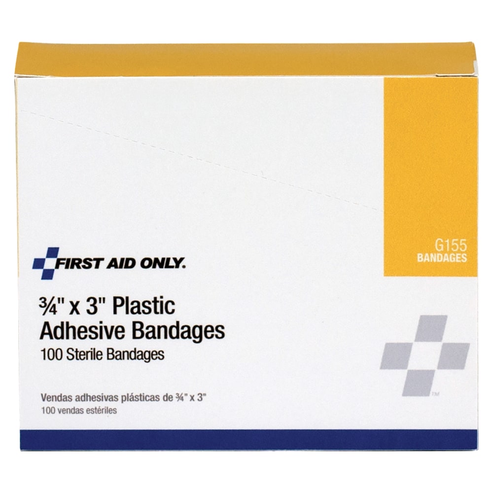 First Aid Only Plastic Adhesive Bandages, 3/4in x 3in, Tan, Pack Of 100 (Min Order Qty 11) MPN:G155