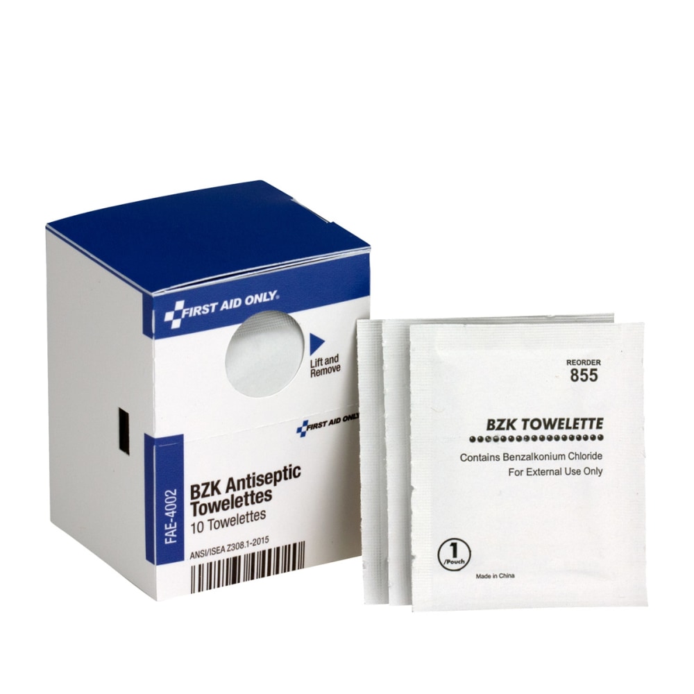 First Aid Only BZK Antiseptic Towelettes - 4.75in x 7.75in - 10/Box - White (Min Order Qty 11) MPN:FAE4002