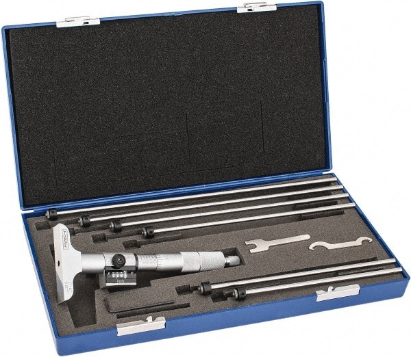 Mechanical Depth Micrometer: 6'' Range, 6 Rod, Satin Chrome Finish MPN:52-225-176