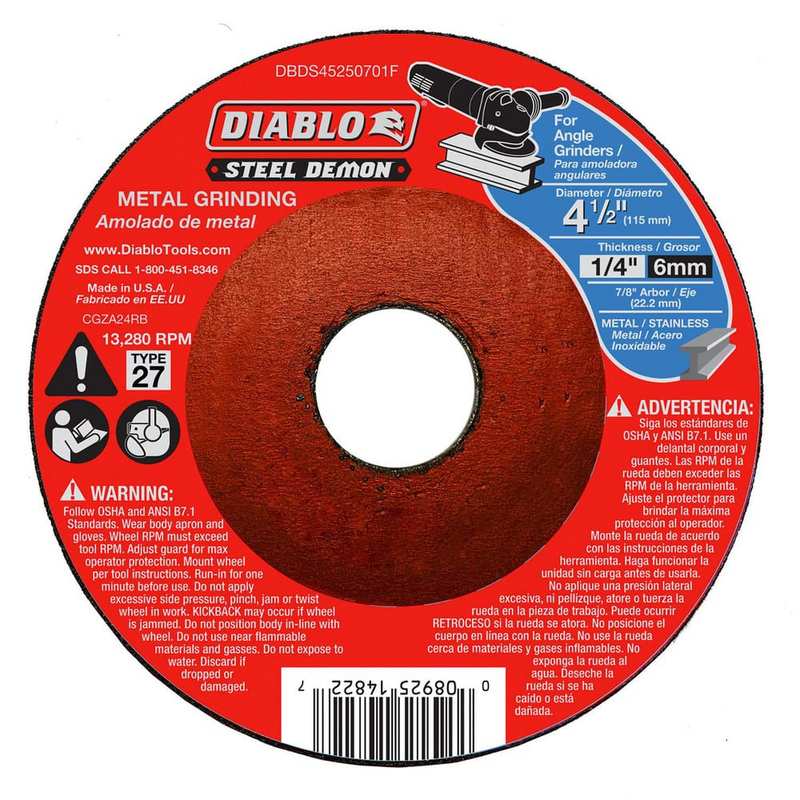 Depressed-Center Wheels, Wheel Diameter (Inch): 4-1/2 , Wheel Thickness (Inch): 1/4 , Hole Size: 7/8 (Inch), Wheel Type: Type 27  MPN:DBDS45250701F