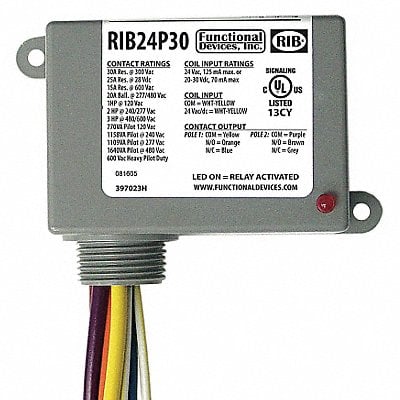 Prewired Relay 24VAC/DC 30A DPDT MPN:RIB24P30