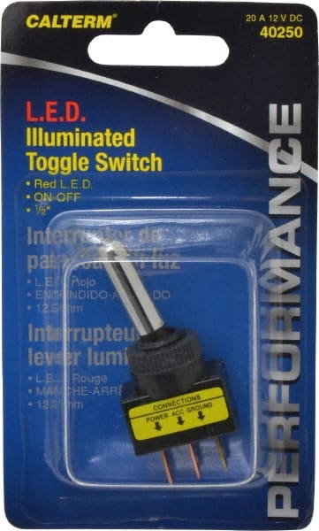 2 Position, 12 Volt, 16 Amp, 1/2 Hole Diam, Red LED Glow Dot Toggle Switch MPN:40250