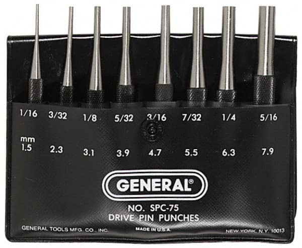 Pin Punch Set: 8 Pc, 0.0625 to 0.3125