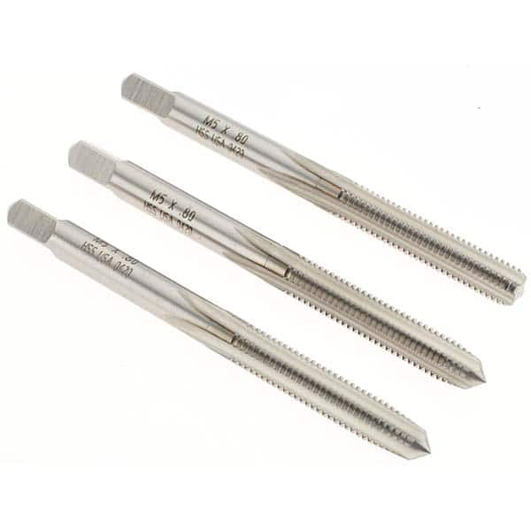 Tap Set: M5 x 0.8 Metric Coarse, 4 Flute, Bottoming Plug & Taper, High Speed Steel, Bright Finish MPN:20423