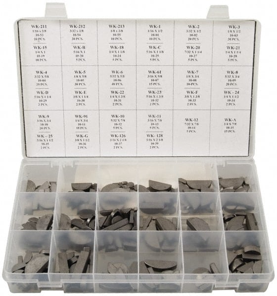 Key & Keyway Assortments, Assortment Type: Woodruff Key Assortment , Material: Alloy Steel , Includes: Assorted Woodruff Keys, Compartmented Storage Case  MPN:K25002050