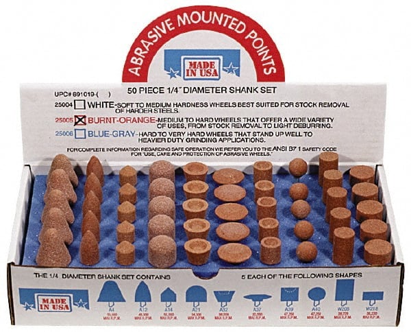 50 Piece Aluminum Oxide Vitrified Mounted Stone Abrasive Point Set MPN:925005KIT