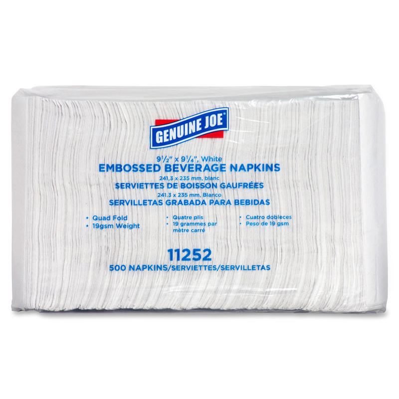 Genuine Joe Quad-fold Square Beverage Napkins - 2 Ply - 9.50in x 9.50in - White - Absorbent, Embossed, Quad-fold - For Beverage - 500 Sheets Per Pack - 4000 / Carton (Min Order Qty 2) MPN:11252