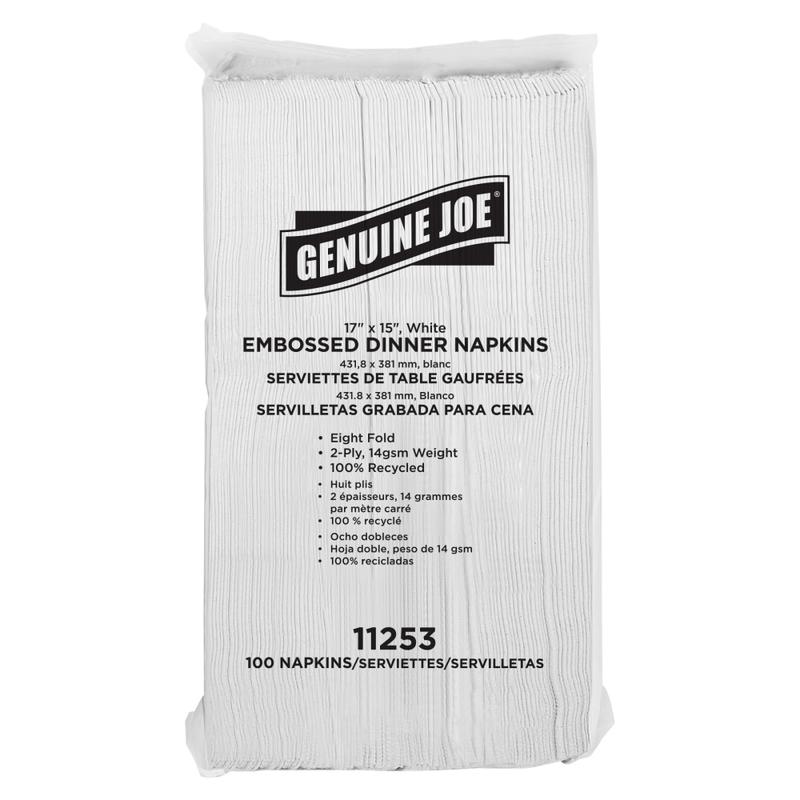 Genuine Joe Embossed 2-Ply Dinner Napkins, 17in x 15in, 100% Recycled, White, 100 Napkins Per Sleeve, Carton Of 30 Sleeves MPN:11253