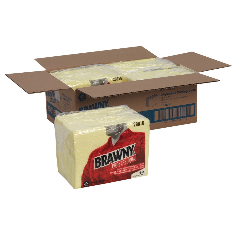 Brawny Professional Disposable Dusting Cloths - 24in Length x 17in Width - 50 / Pack - 4 / Carton - Moisture Resistant, Soft, Strong - Yellow MPN:29616CT