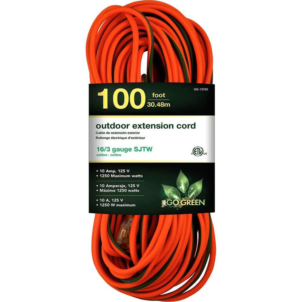 Power Cords, Cord Type: Extension Cord , Overall Length (Feet): 100 , Cord Color: Orange , Amperage: 10 , Voltage: 125  MPN:GG-13700