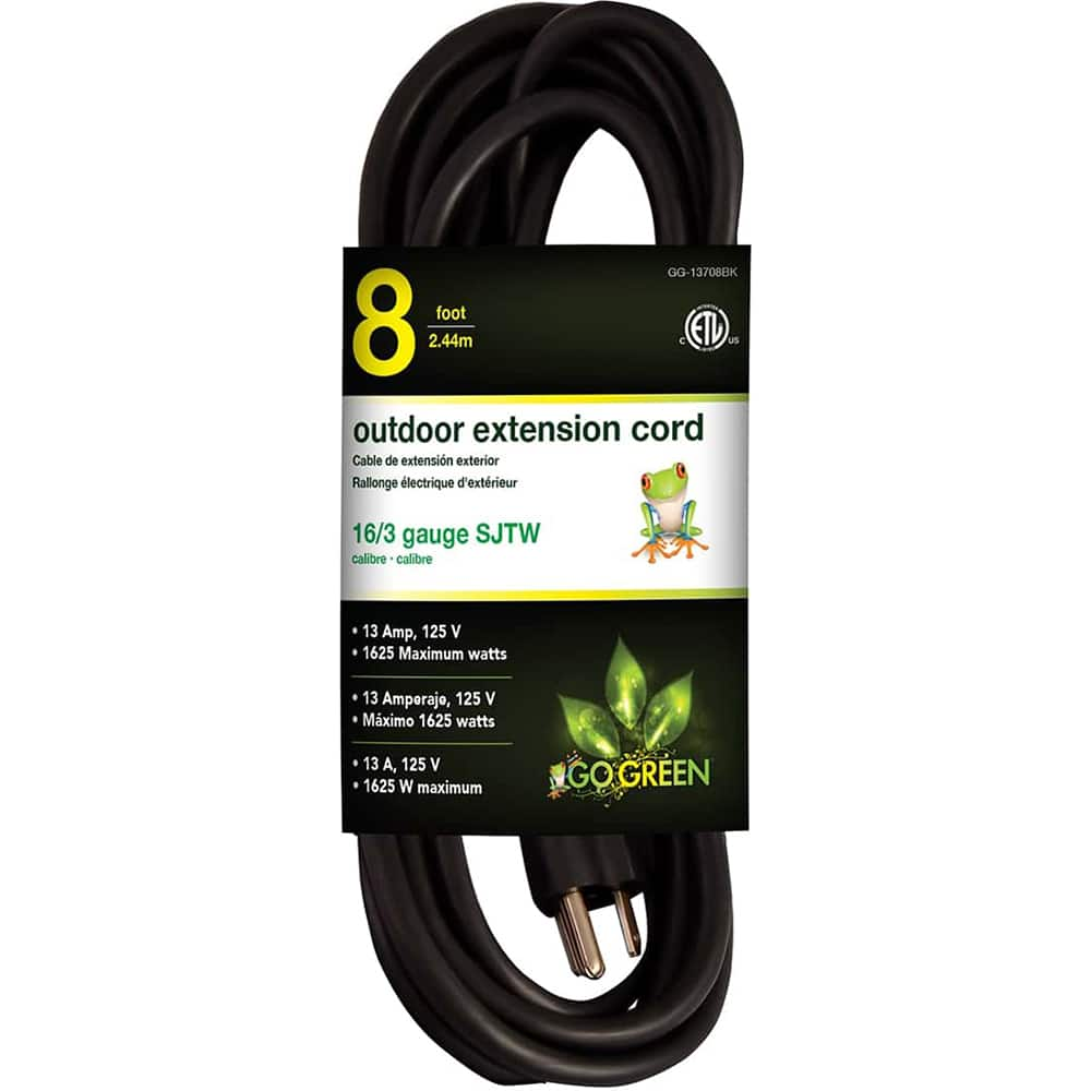 Power Cords, Cord Type: Extension Cord , Overall Length (Feet): 8 , Cord Color: Black , Amperage: 13 , Voltage: 125  MPN:GG-13708BK