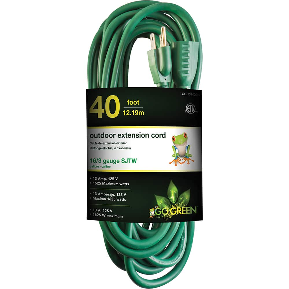 Power Cords, Cord Type: Extension Cord , Overall Length (Feet): 40 , Cord Color: Green , Amperage: 15 , Voltage: 125  MPN:GG-13740GN