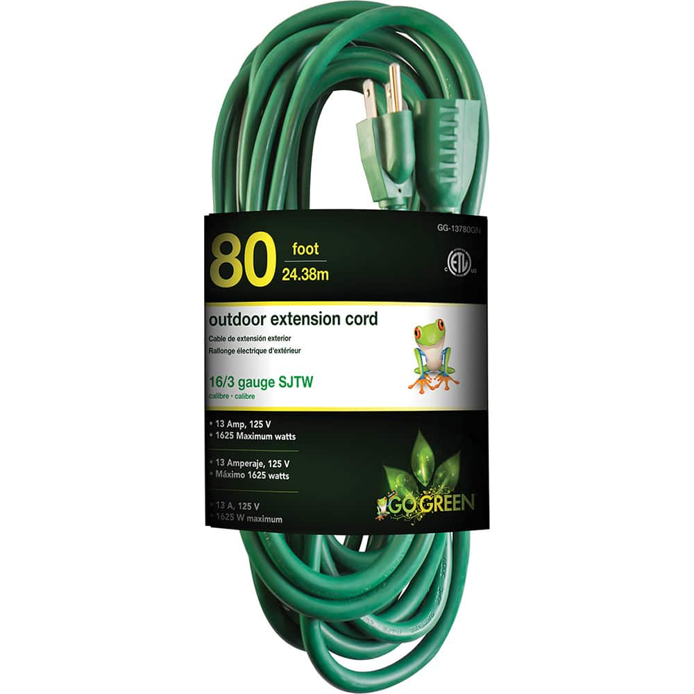 Power Cords, Cord Type: Extension Cord , Overall Length (Feet): 80 , Cord Color: Green , Amperage: 13 , Voltage: 125  MPN:GG-13780GN