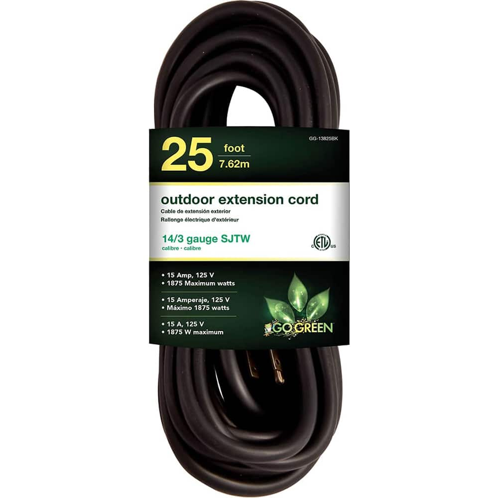 Power Cords, Cord Type: Extension Cord , Overall Length (Feet): 25 , Cord Color: Black , Amperage: 15 , Voltage: 125  MPN:GG-13825BK