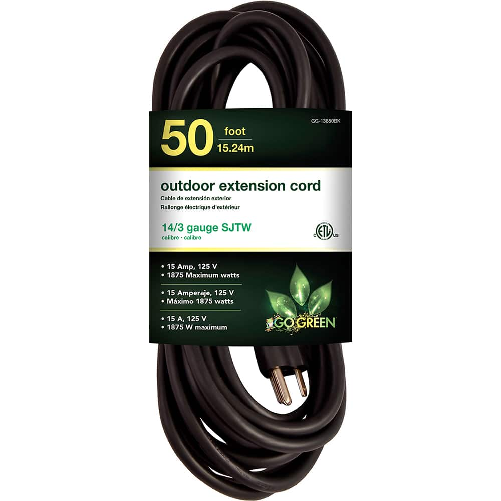 Power Cords, Cord Type: Extension Cord , Overall Length (Feet): 50 , Cord Color: Black , Amperage: 15 , Voltage: 125  MPN:GG-13850BK