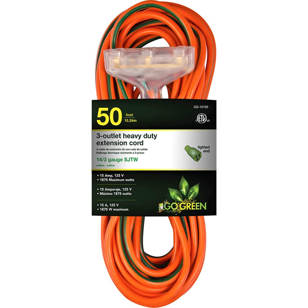 Power Cords, Cord Type: Extension Cord , Overall Length (Feet): 50 , Cord Color: Orange , Amperage: 15 , Voltage: 125  MPN:GG-15150