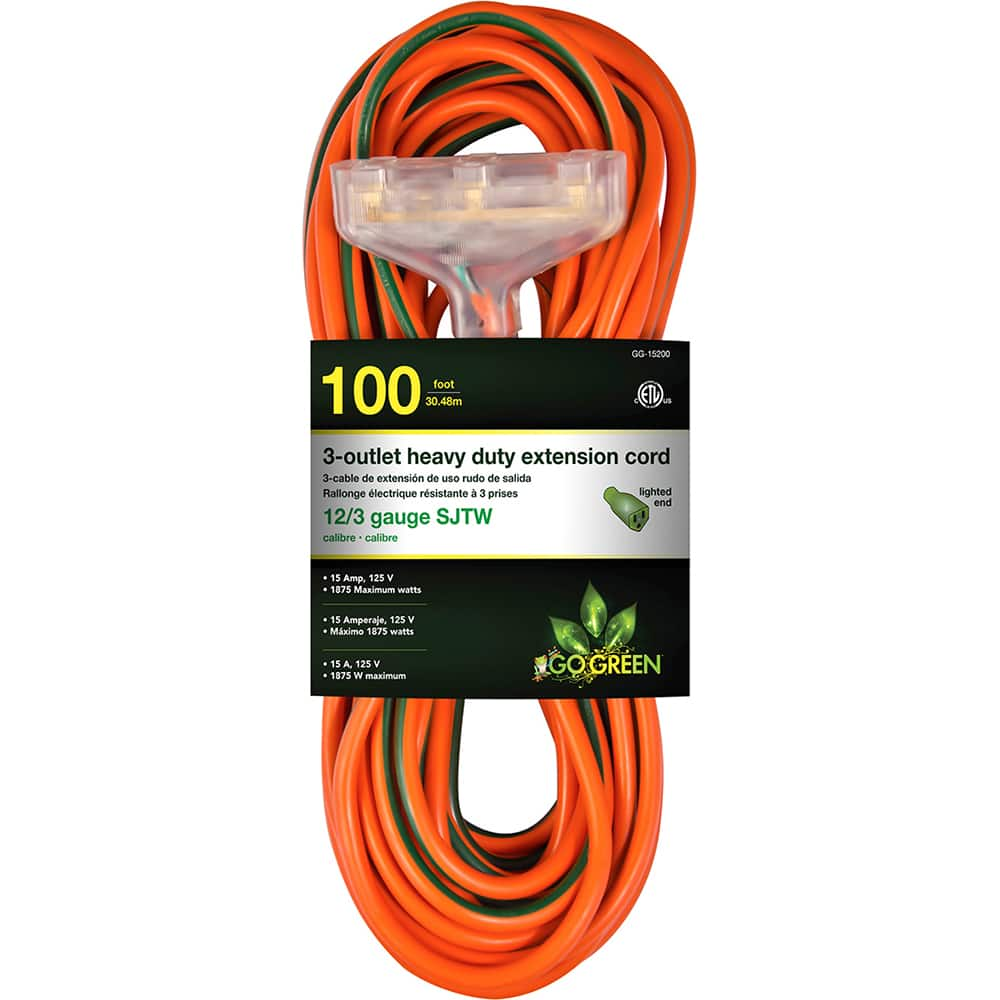 Power Cords, Cord Type: Extension Cord , Overall Length (Feet): 100 , Cord Color: Orange , Amperage: 15 , Voltage: 125  MPN:GG-15200