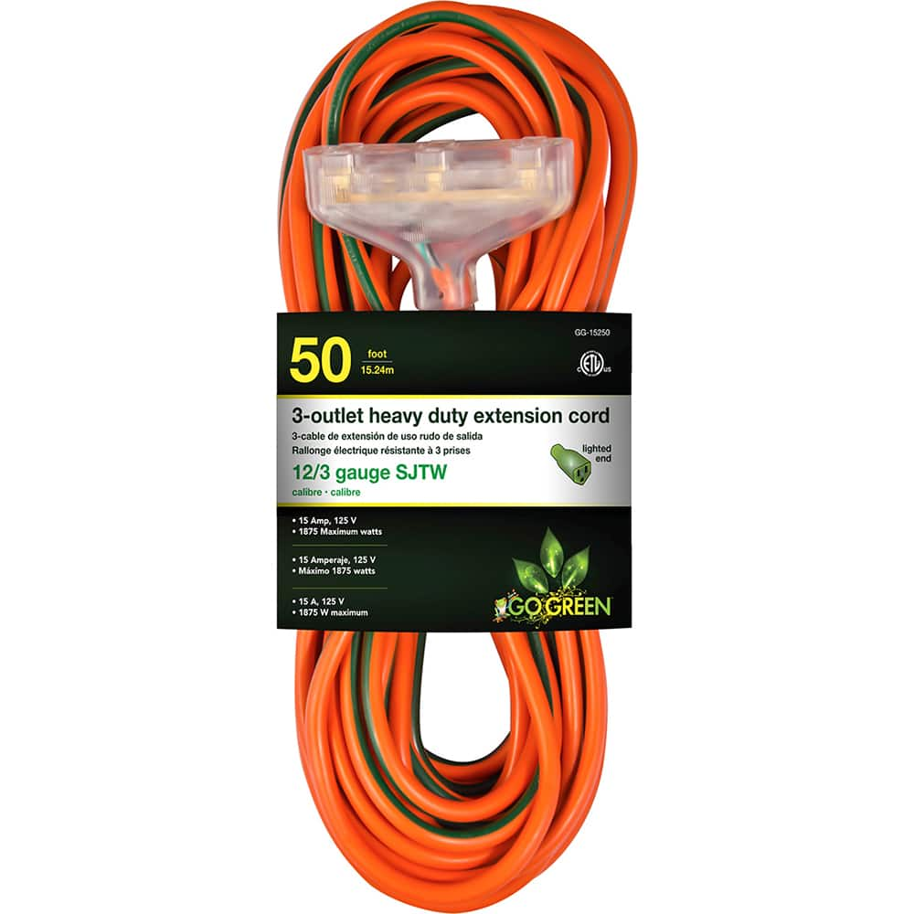 Power Cords, Overall Length (Feet): 20 , Cord Color: Orange , Amperage: 15 , Voltage: 125 , Wire Gauge: 12  MPN:GG-15250