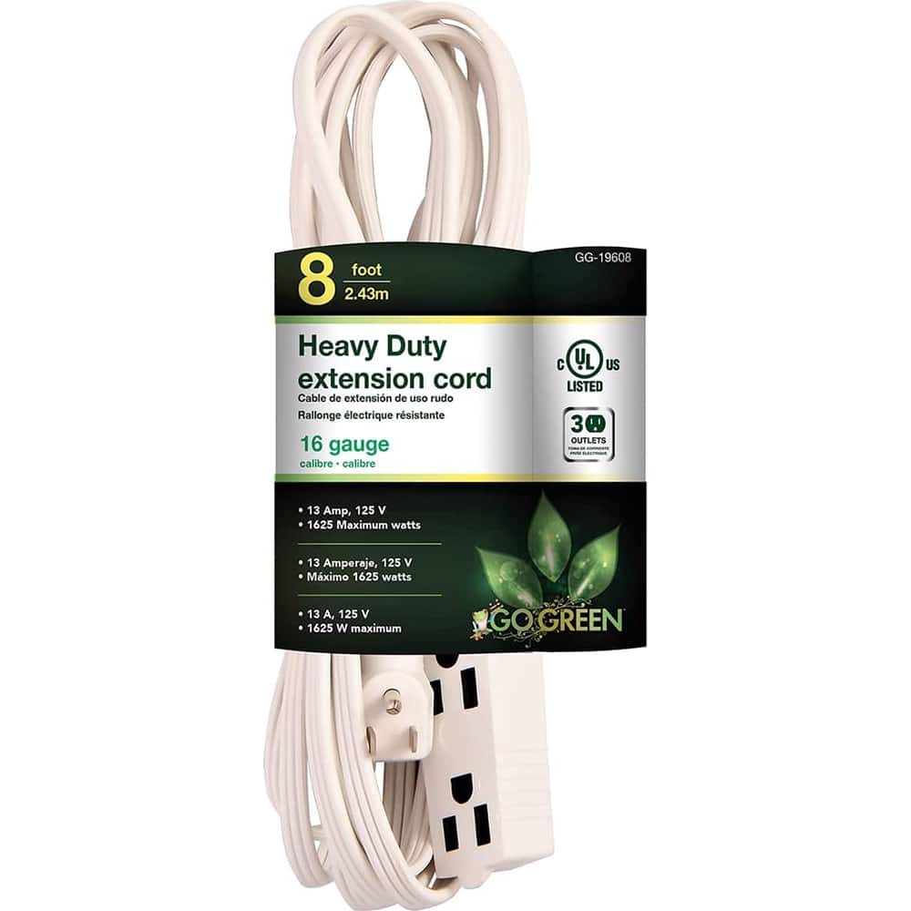 Power Cords, Cord Type: Extension Cord , Overall Length (Feet): 8 , Cord Color: White , Amperage: 13 , Voltage: 125  MPN:GG-19608