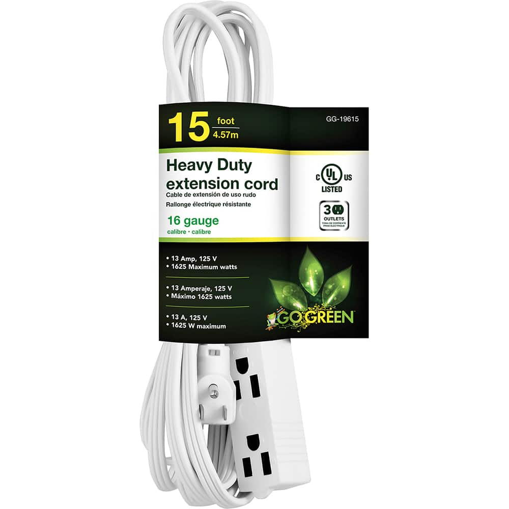 Power Cords, Cord Type: Extension Cord , Overall Length (Feet): 15 , Cord Color: White , Amperage: 13 , Voltage: 125  MPN:GG-19615