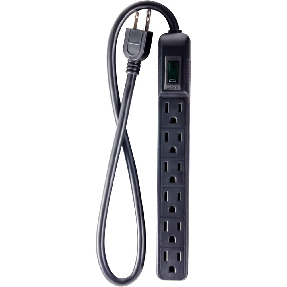 Power Outlet Strips, Amperage: 15.0 , Voltage: 125V , Cord Length: 2.5ft , Material: Plastic , Number Of Outlets: 6  MPN:GG-16103MINBK