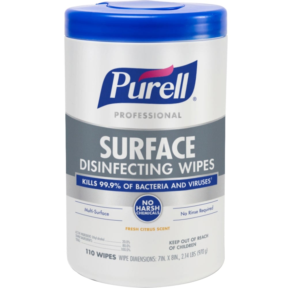 PURELL Professional Surface Disinfecting Wipes, Citrus Scent, 110 Count Canister, 7inx 8in Wipes, Pack of 6 Canisters MPN:9342-06CS