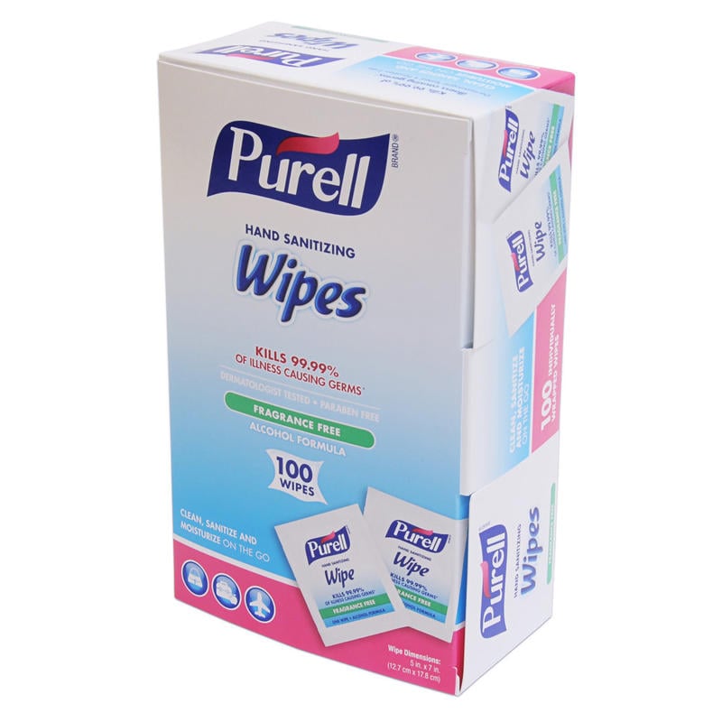 PURELL Hand Sanitizing Wipes, Alcohol Formula, Fragrance Free, 100 Count Individually Wrapped Hand Wipes (Min Order Qty 7) MPN:9022-10