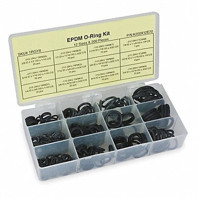 O Ring Assortment EPDM 200 Pcs 12 Sizes MPN:1RGY8