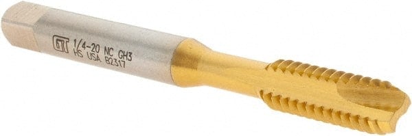 Spiral Point Tap: 1/4-20 UNC, 2 Flutes, Bottoming Chamfer, 2B Class of Fit, High-Speed Steel, TiN Coated MPN:357054