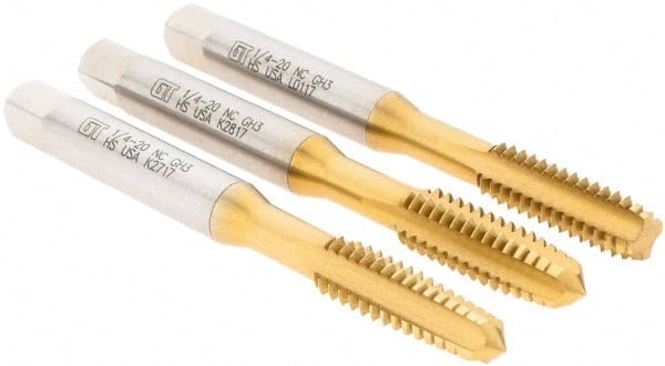 Tap Set: 1/4-20 UNC, 4 Flute, Bottoming Plug & Taper, High Speed Steel, TiN Finish MPN:174506