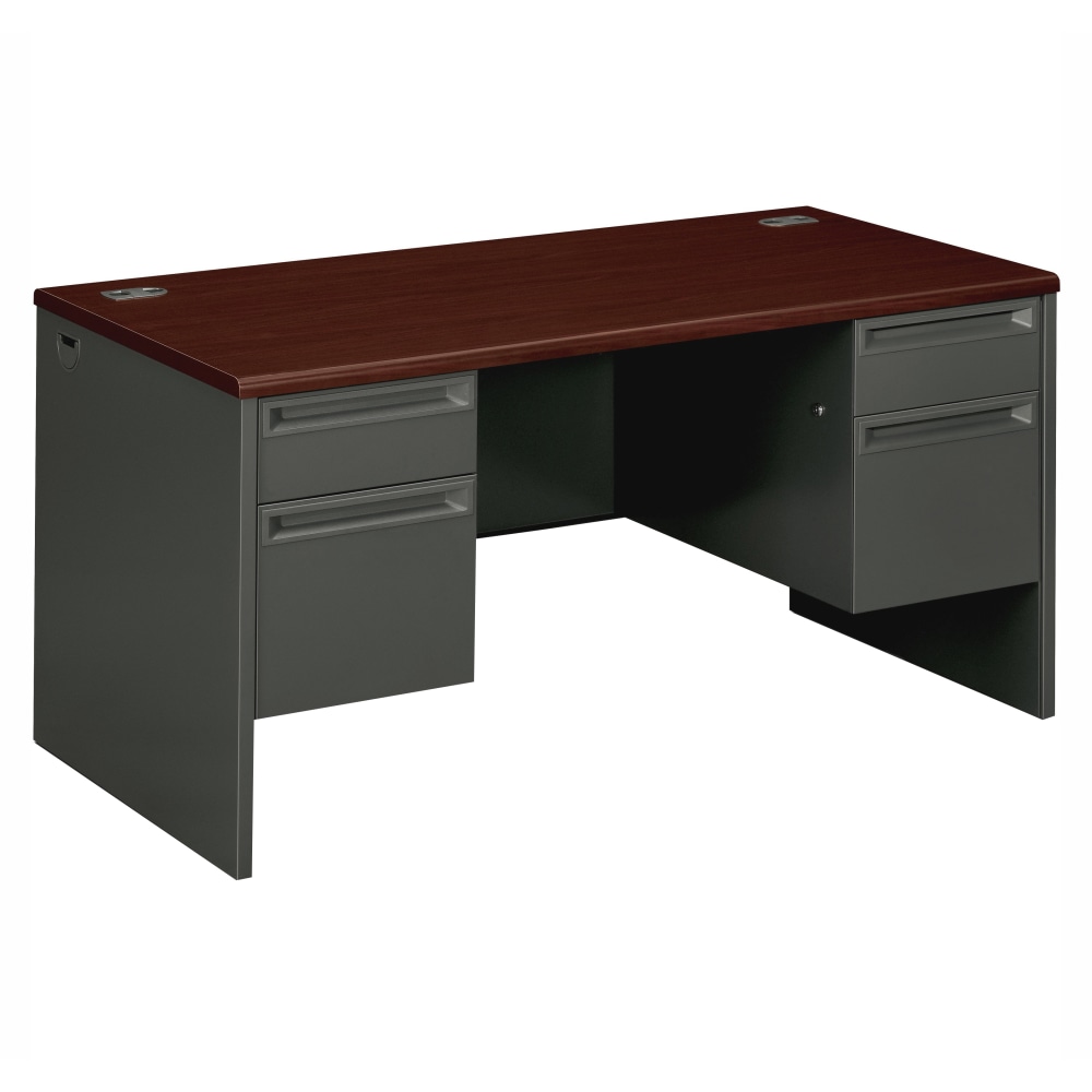 HON 38000 60inW Double-Pedestal Computer Desk, Mahogany/Charcoal MPN:38155NS