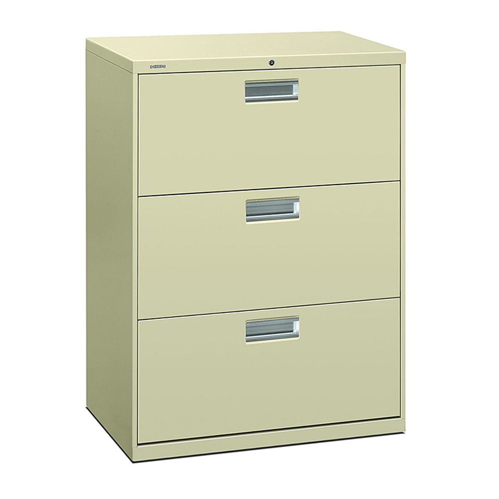 HON 600 30inW x 19-1/4inD Lateral 3-Drawer File Cabinet With Lock, Putty MPN:673LL