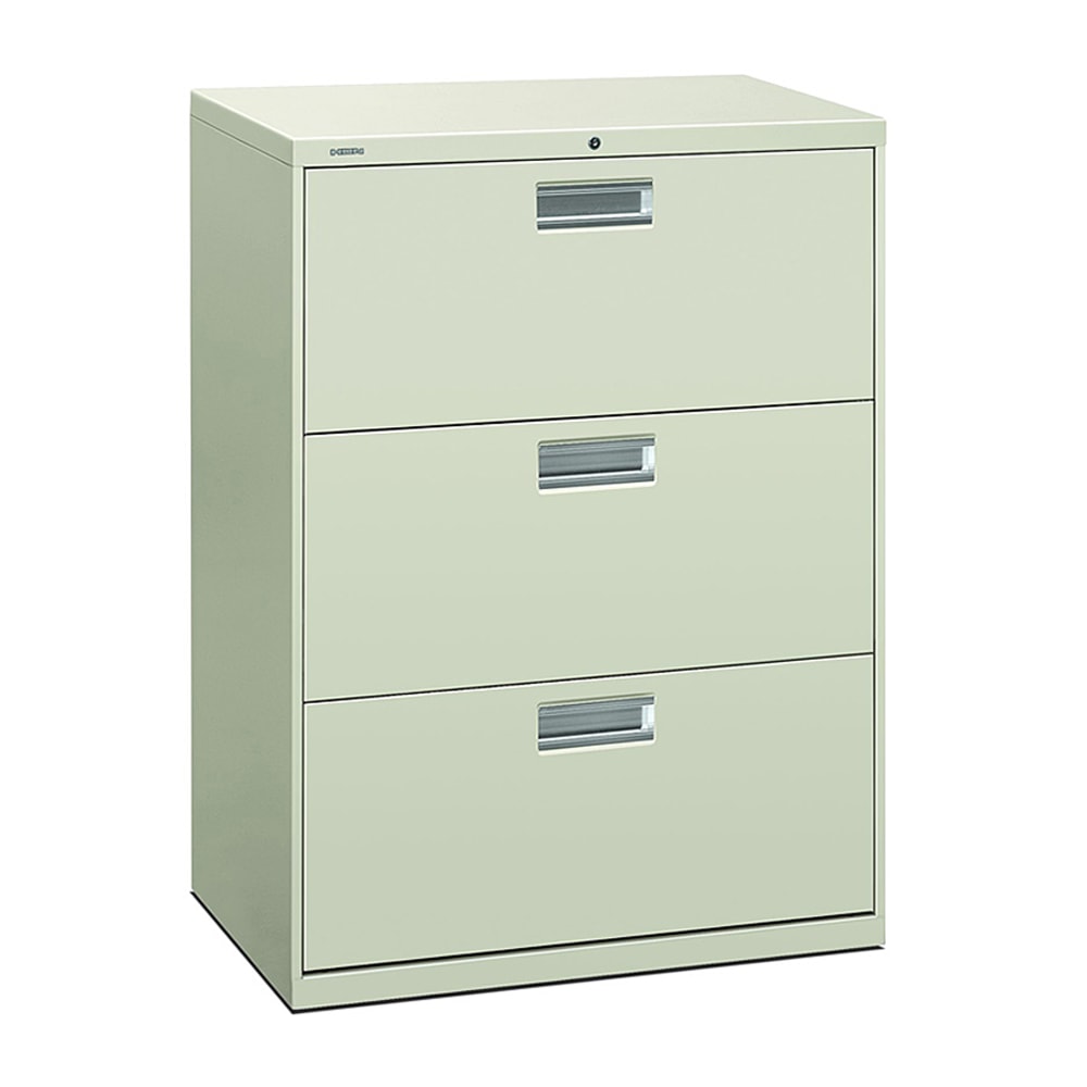 HON 600 30inW x 19-1/4inD Lateral 3-Drawer File Cabinet With Lock, Light Gray MPN:673LQ