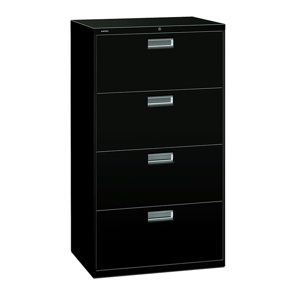 HON 600 30inW x 19-1/4inD Lateral 4-Drawer File Cabinet With Lock, Black MPN:674LP