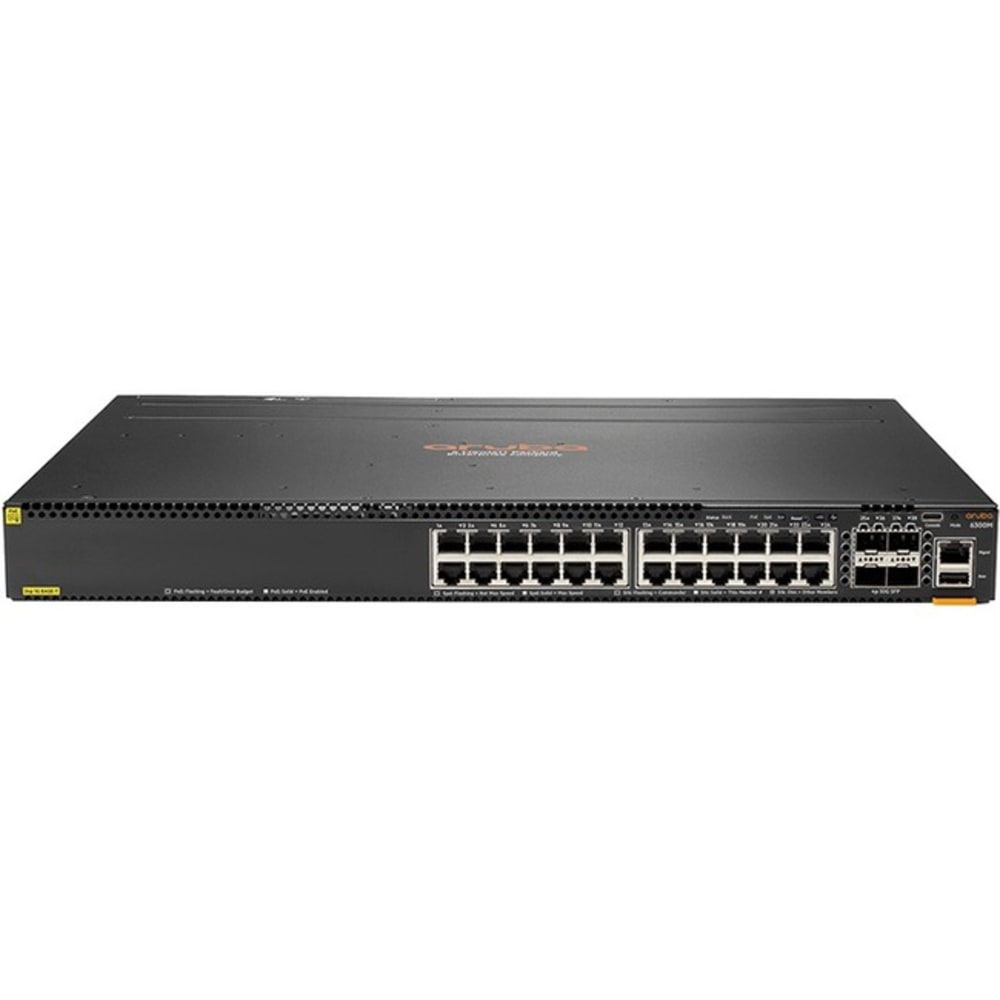 HPE 6300M 24-port 1GbE Class 4 PoE and 4-port SFP56 Switch - 24 Ports - Manageable - 3 Layer Supported - Modular - 4 SFP Slots - Twisted Pair, Optical Fiber - 1U High - Rack-mountable - Lifetime Limited Warranty MPN:JL662A