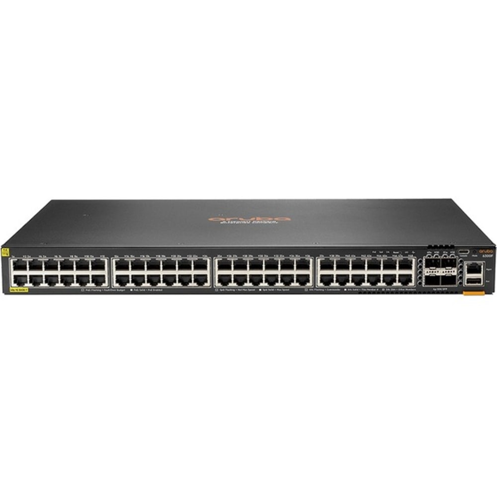 HPE 6300F 48-port 1GbE Class 4 PoE and 4-port SFP56 Switch - 48 Ports - Manageable - 3 Layer Supported - Modular - 4 SFP Slots - 86 W Power Consumption - Twisted Pair, Optical Fiber - 1U High - Rack-mountable - Lifetime Limited Warranty MPN:JL665A#ABA