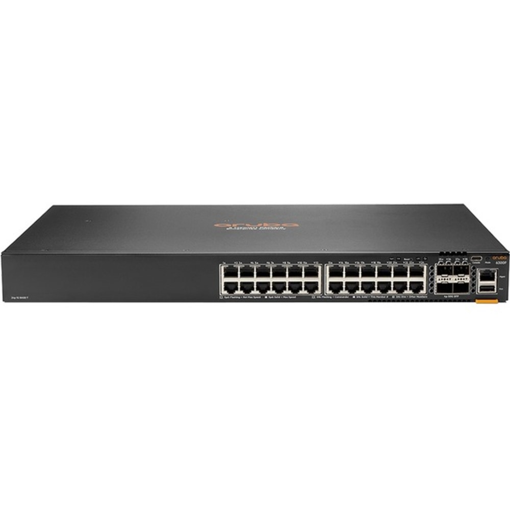 HPE 6300F 24-port 1GbE and 4-port SFP56 Switch - 24 Ports - Manageable - 3 Layer Supported - Modular - 4 SFP Slots - 63 W Power Consumption - Twisted Pair, Optical Fiber - 1U High - Rack-mountable - Lifetime Limited Warranty MPN:JL668A#ABA