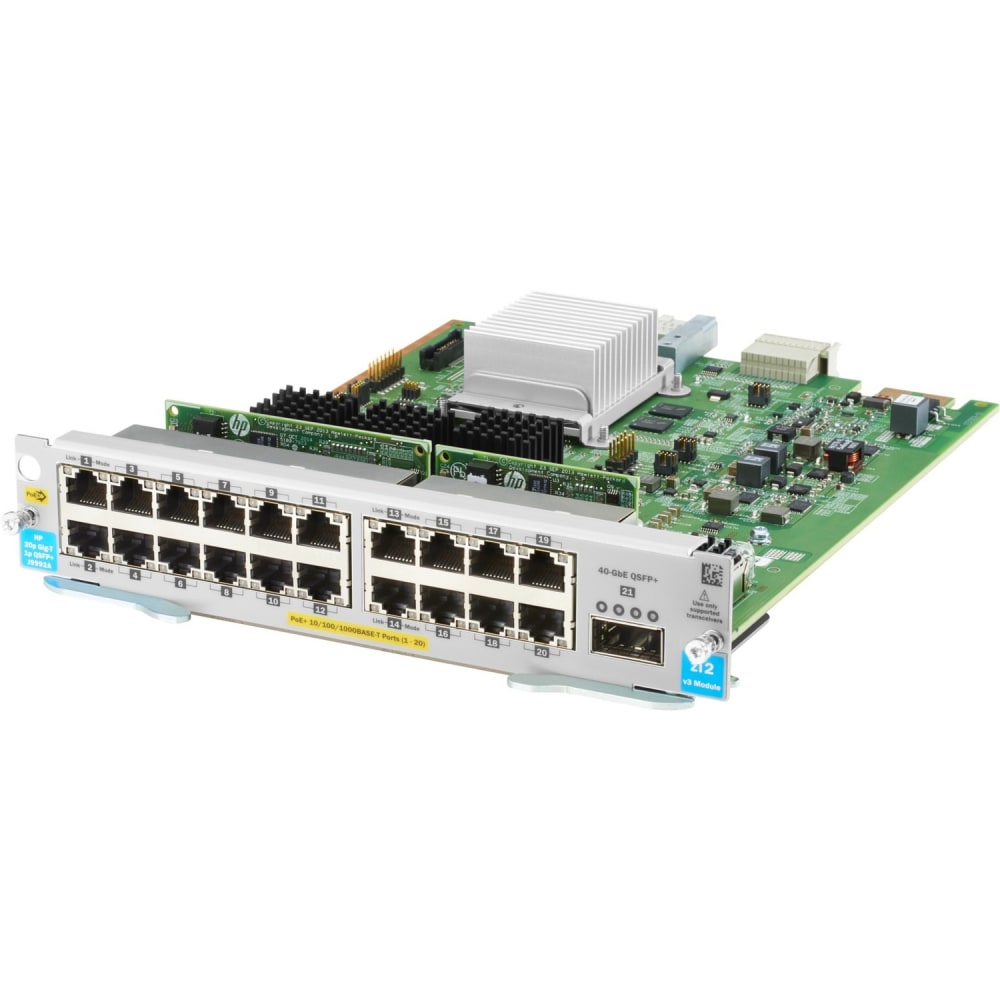 HPE 20-port 10/100/1000BASE-T PoE+ MACsec / 1-port 40GbE QSFP+ v3 zl2 Module - For Data Networking, Optical Network - 20 RJ-45 1000Base-T LAN - Twisted Pair, Optical FiberGigabit Ethernet, 40 Gigabit Ethernet MPN:J9992A