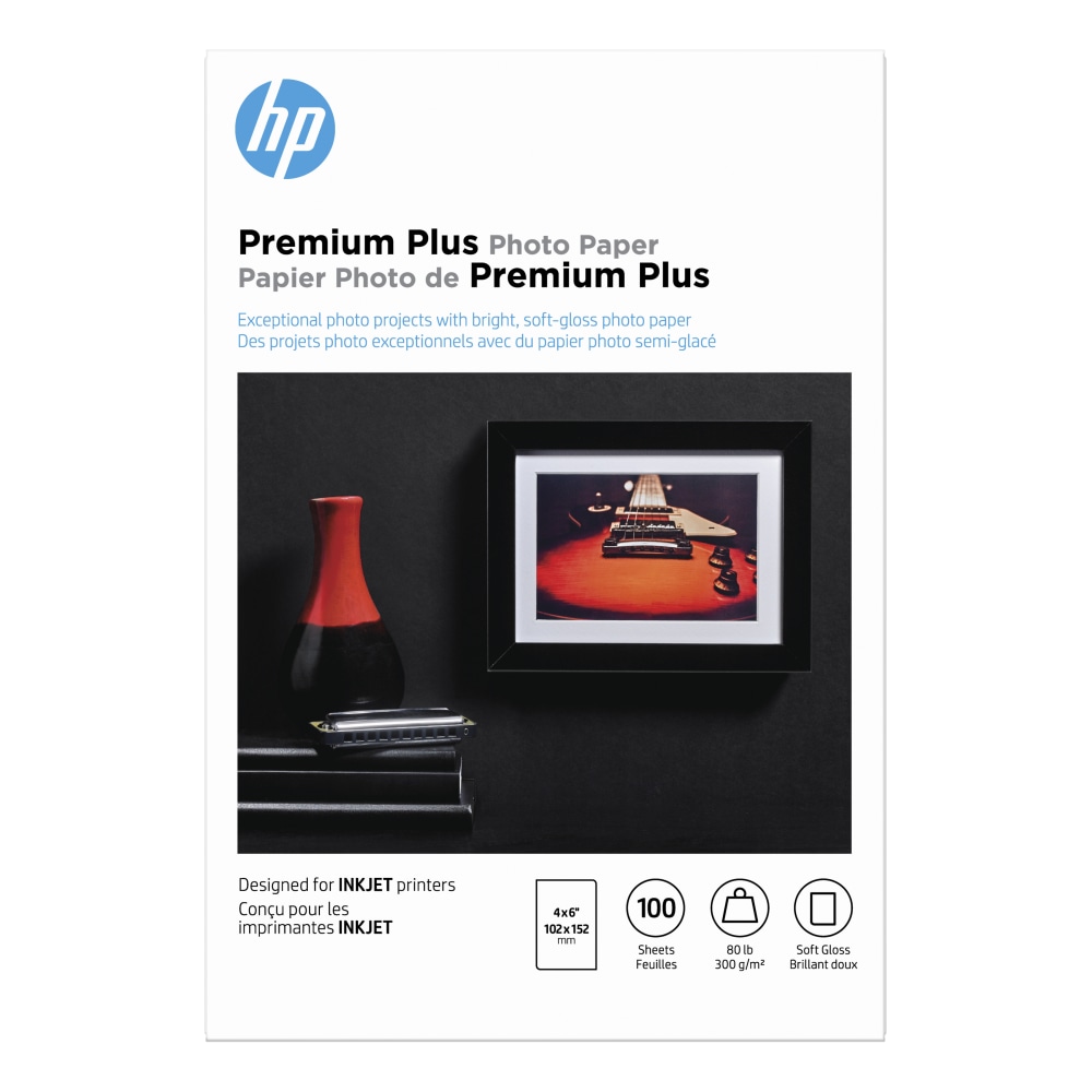 HP Premium Plus Photo Paper for Inkjet Printers, Soft Gloss, 4in x 6in, 80 Lb., Pack Of 100 Sheets (CR666A) (Min Order Qty 3) MPN:CR666A