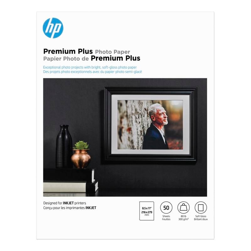 HP Premium Plus Photo Paper for Inkjet Printers, Soft Gloss, Letter Size (8 1/2in x 11in), 80 Lb, Pack Of 50 Sheets (CR667A) (Min Order Qty 2) MPN:CR667A