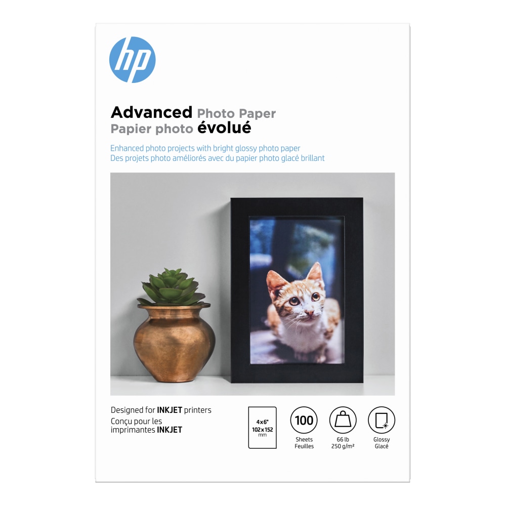 HP Advanced Photo Paper for Inkjet Printers, Glossy, 4in x 6in, 66 Lb, Pack Of 100 Sheets (Q6638A) (Min Order Qty 4) MPN:Q6638A