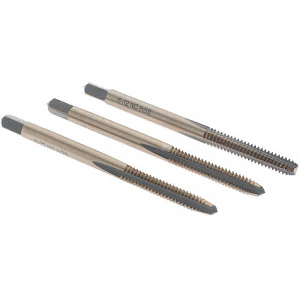 Tap Set: #6-32 UNC, 3 Flute, Bottoming Plug & Taper, High Speed Steel, Gold & Oxide Finish MPN:BDNA-20670