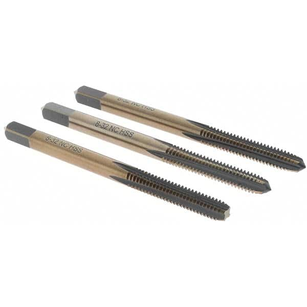 Tap Set: #8-32 UNC, 4 Flute, Bottoming Plug & Taper, High Speed Steel, Gold & Oxide Finish MPN:BDNA-20672