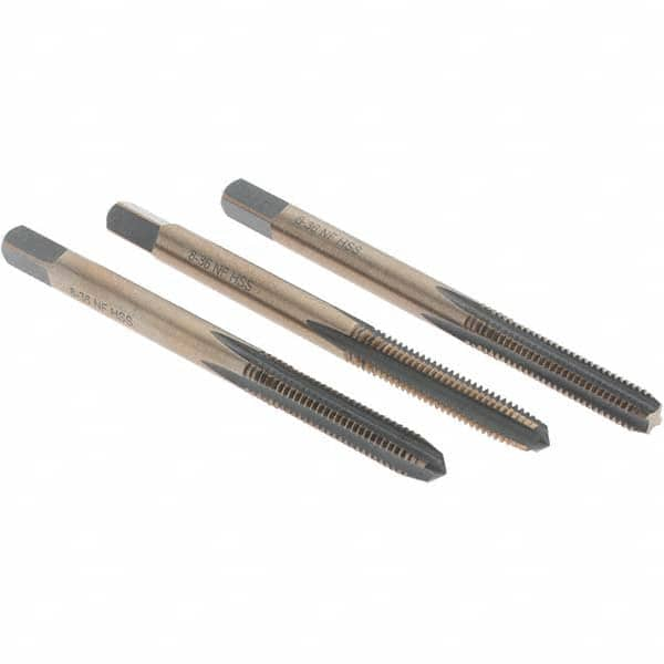 Tap Set: #8-36 UNF, 4 Flute, Bottoming Plug & Taper, High Speed Steel, Gold & Oxide Finish MPN:BDNA-20673