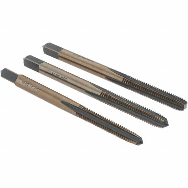 Tap Set: #10-32 UNF, 4 Flute, Bottoming Plug & Taper, High Speed Steel, Gold & Oxide Finish MPN:BDNA-20675