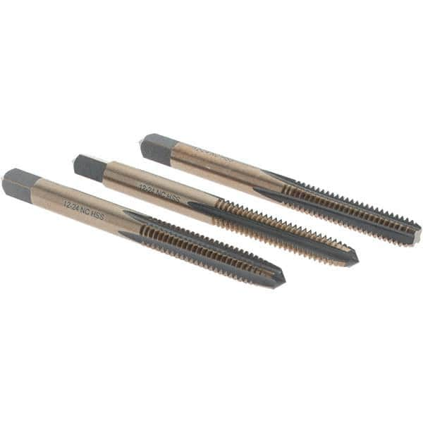 Tap Set: #12-24 UNC, 4 Flute, Bottoming Plug & Taper, High Speed Steel, Gold & Oxide Finish MPN:BDNA-20676